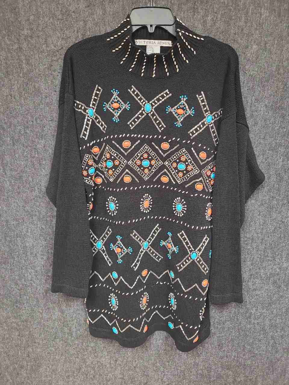 Victoria Jones Women's Vintage 90s Black Southwestern Ramie Cotton Sweater Sz M