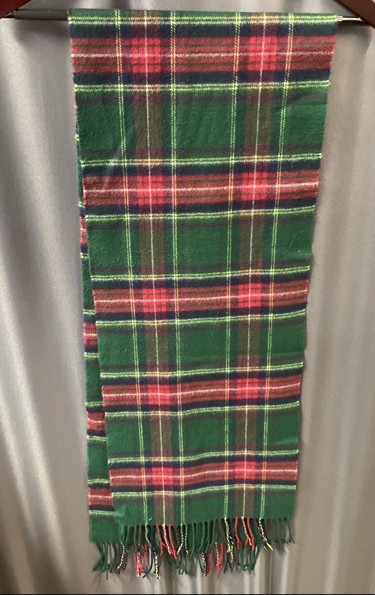 Vintage 90s 100% Cashmere Scarf Made in Scotland Green Red Tartan Plaid Fringed