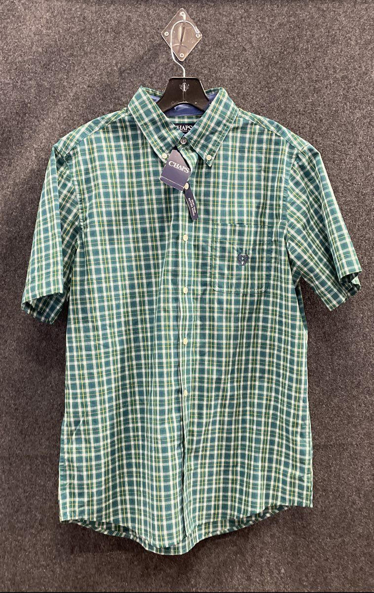 Chaps Men's Congo Green Plaid Short Sleeve Easy Care Button Down Shirt Sz M NWT