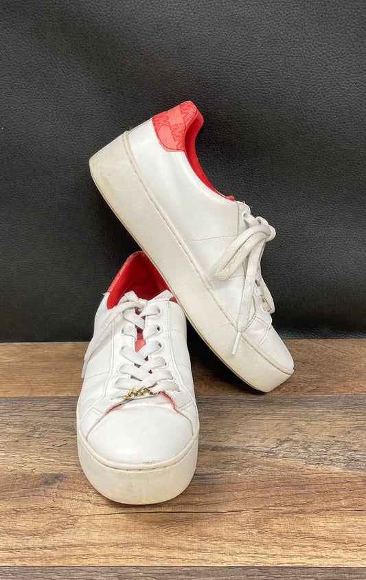 Michael Kors Irving Lace Up White Red Monogram Logo Platform Sneakers Size 7.5