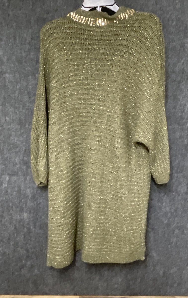 Chico's Women's Olive Green Metallic Sequin Trim Open Front Cardigan Sz 3