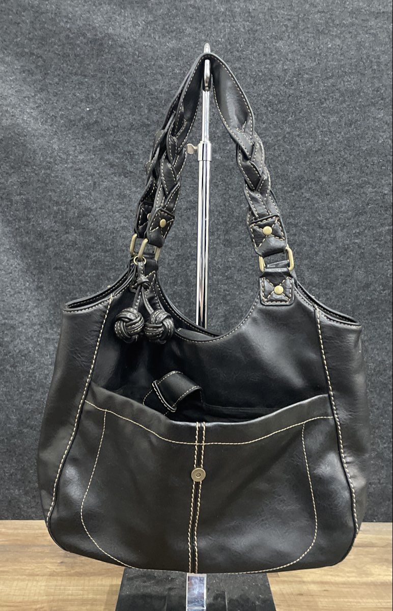 Black Leather Hobo Shoulder Bag Braided Straps Contrast Stitching Knot Charms