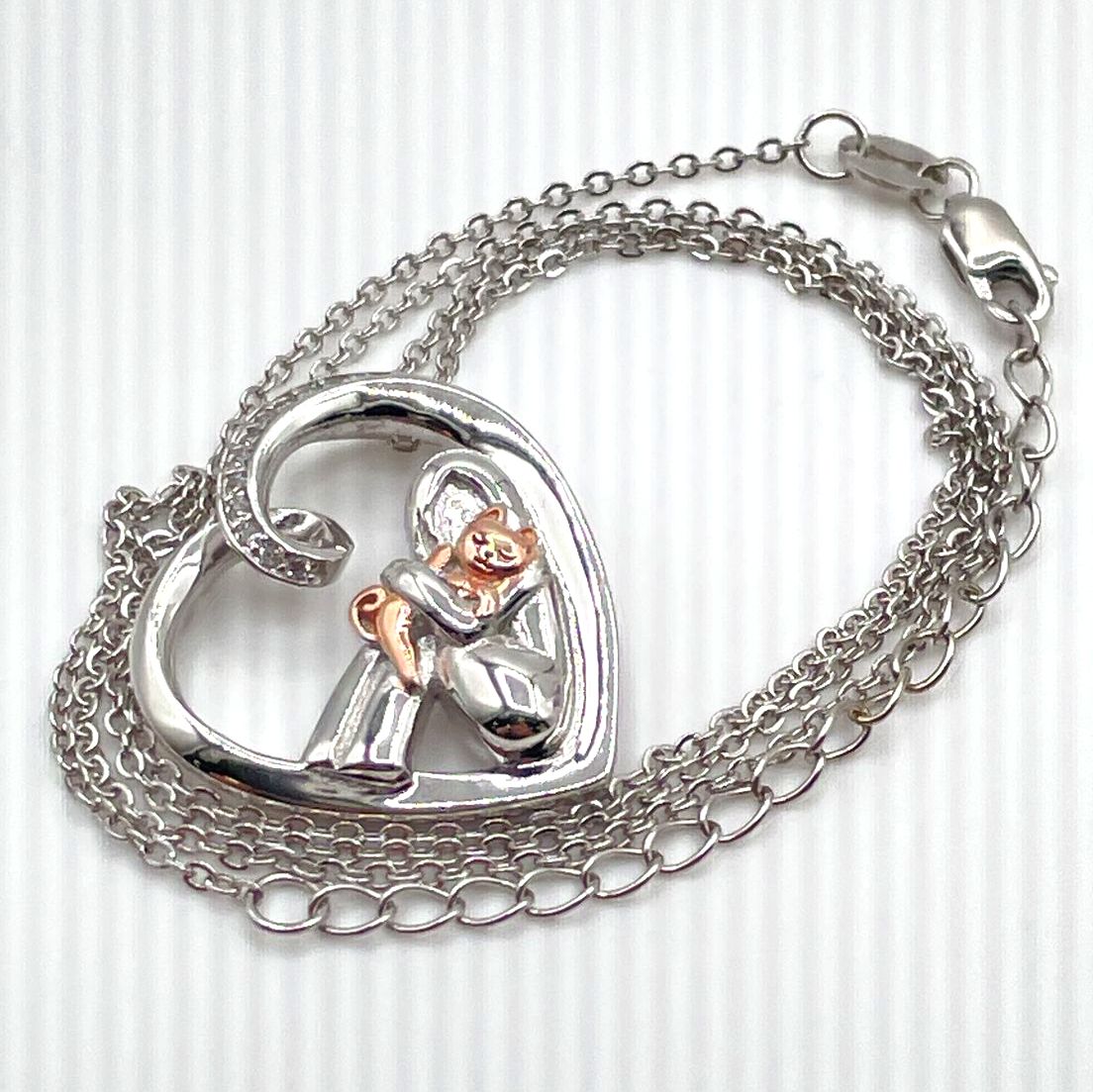 925 Sterling Silver Two-Tone Girl & Cat w/ CZ Heart Pendant Necklace 5.8g