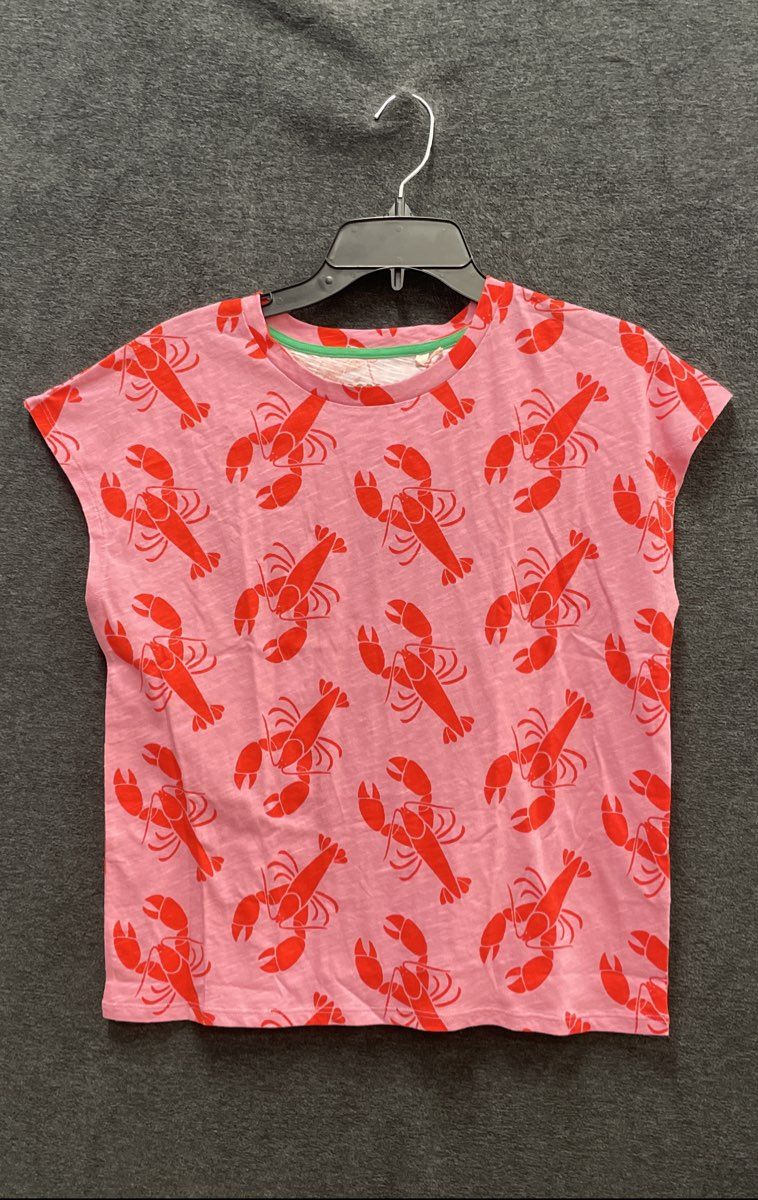 Boden Women's Pink Red Lobster Print Slub Cotton Cap Sleeve T-shirt NWT Sz S