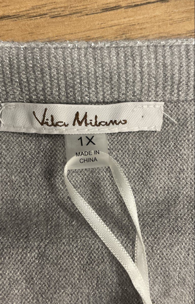 Vila Milano Women's Silver Metallic Knit V-Neck Dolman Sleeve Top Sz 1X