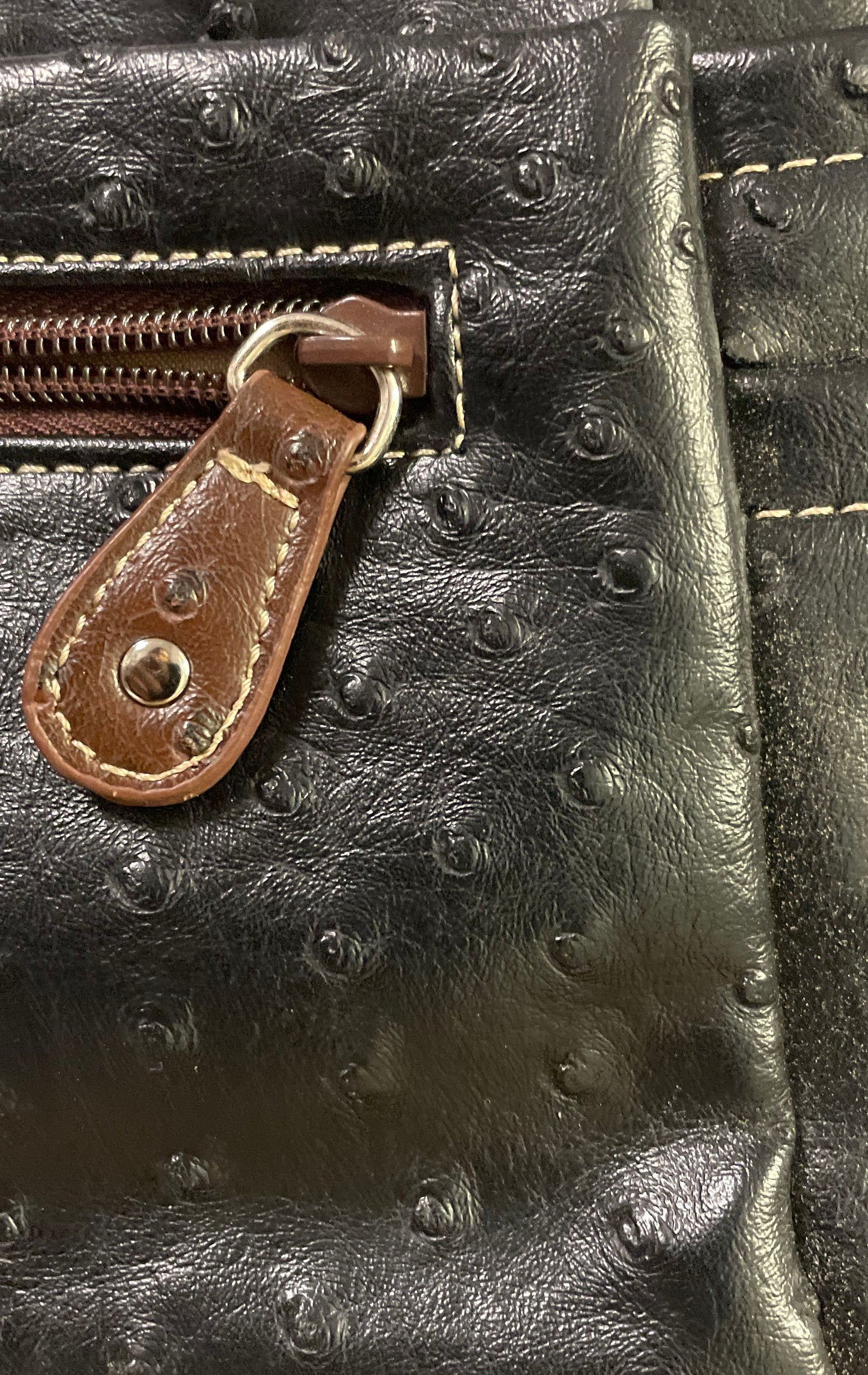 Vintage Koltov Black Ostrich Embossed Satchel Crossbody Handbag Brown Trim