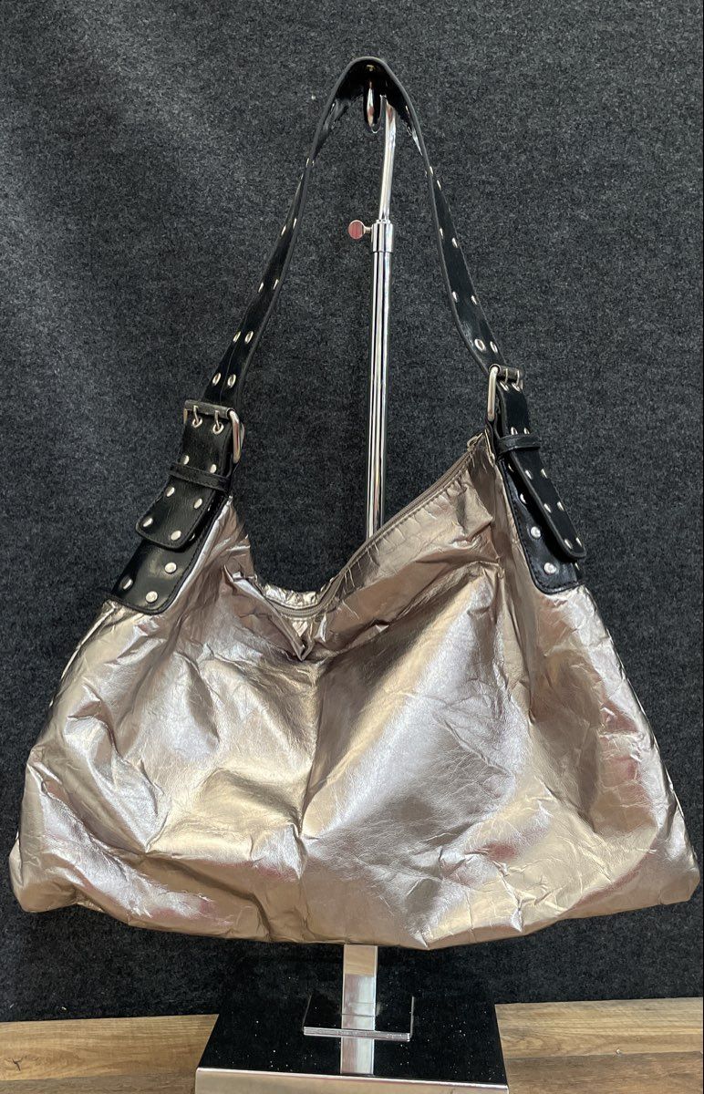 Chateau Silver Metallic Latex Hobo Shoulder Bag Studded Strap Tassel