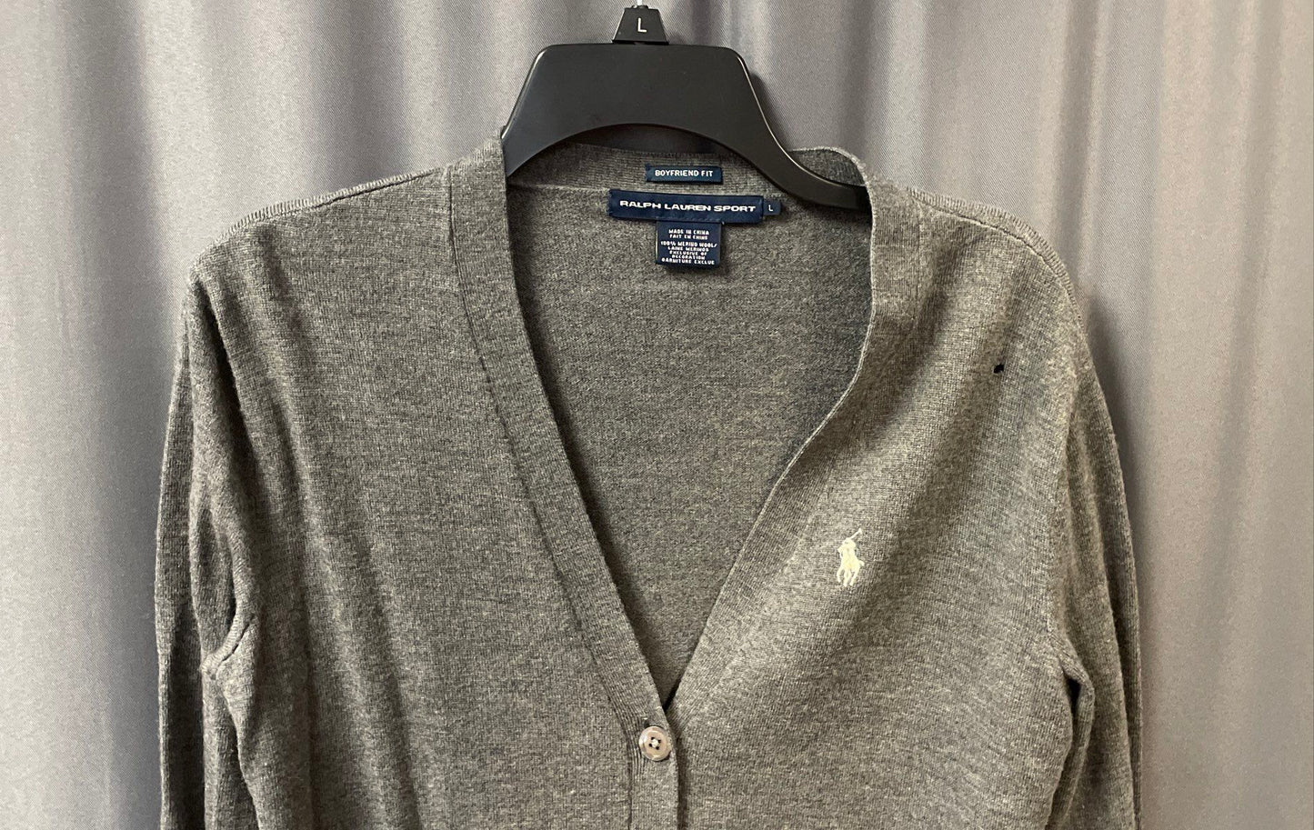 Ralph Lauren Sport Women's Gray Merino Wool Boyfriend Fit Cardigan Sweater Sz L