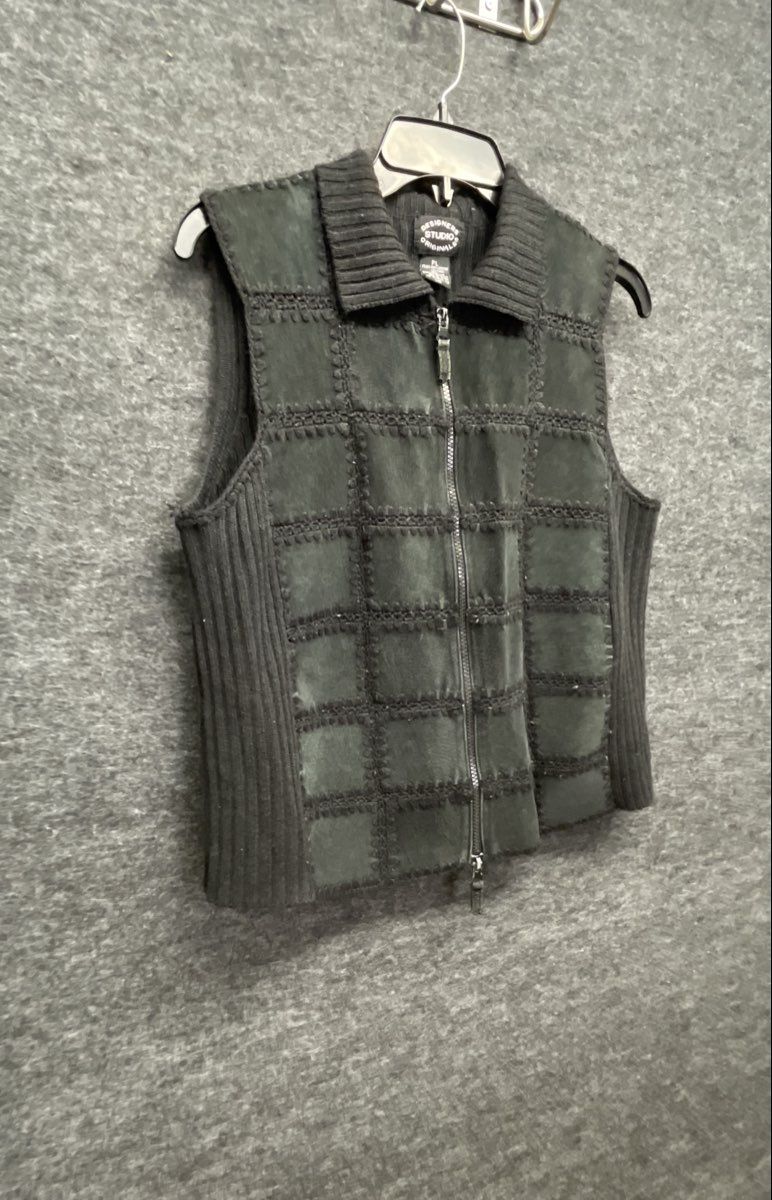 Vintage Y2K Designers Studio Originals Women's Black Patchwork Leather Vest PL
