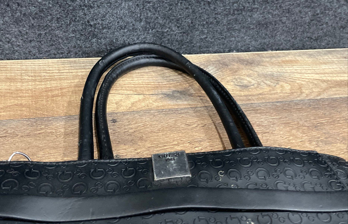 Guess Black Monogram Embossed Leather Tote Bag Large Silver Hardware