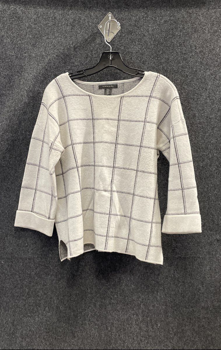 Tahari Women's White Windowpane Plaid Boat Neck 3/4 Sleeve Sweater Sz M