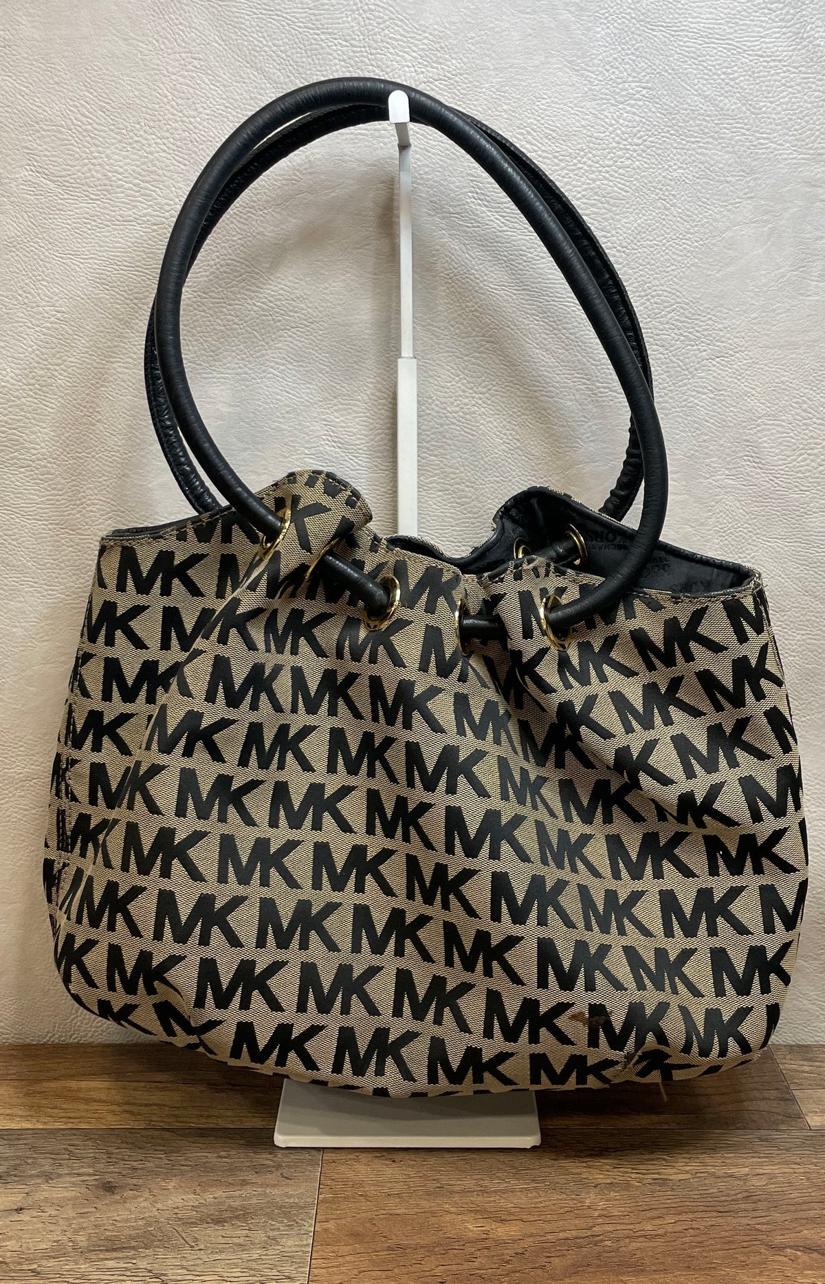 Michael Kors Black Beige Signature MK Monogram Canvas Tote Shoulder Bag