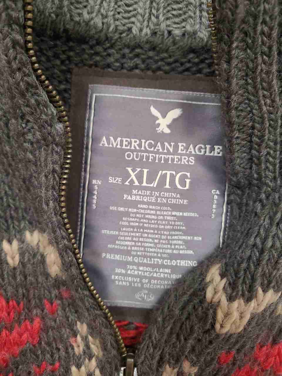 American Eagle Men's 1/4 Zip Sweater Gray Wool Blend Fair Isle Snowflake XL