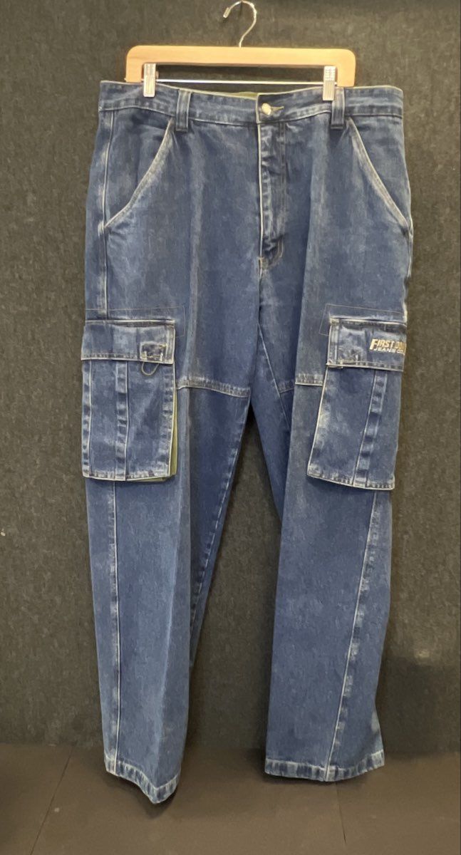 Vintage 90s First Down Men's Blue Baggy Cargo Denim Jeans Multi-Pocket Sz 38x34