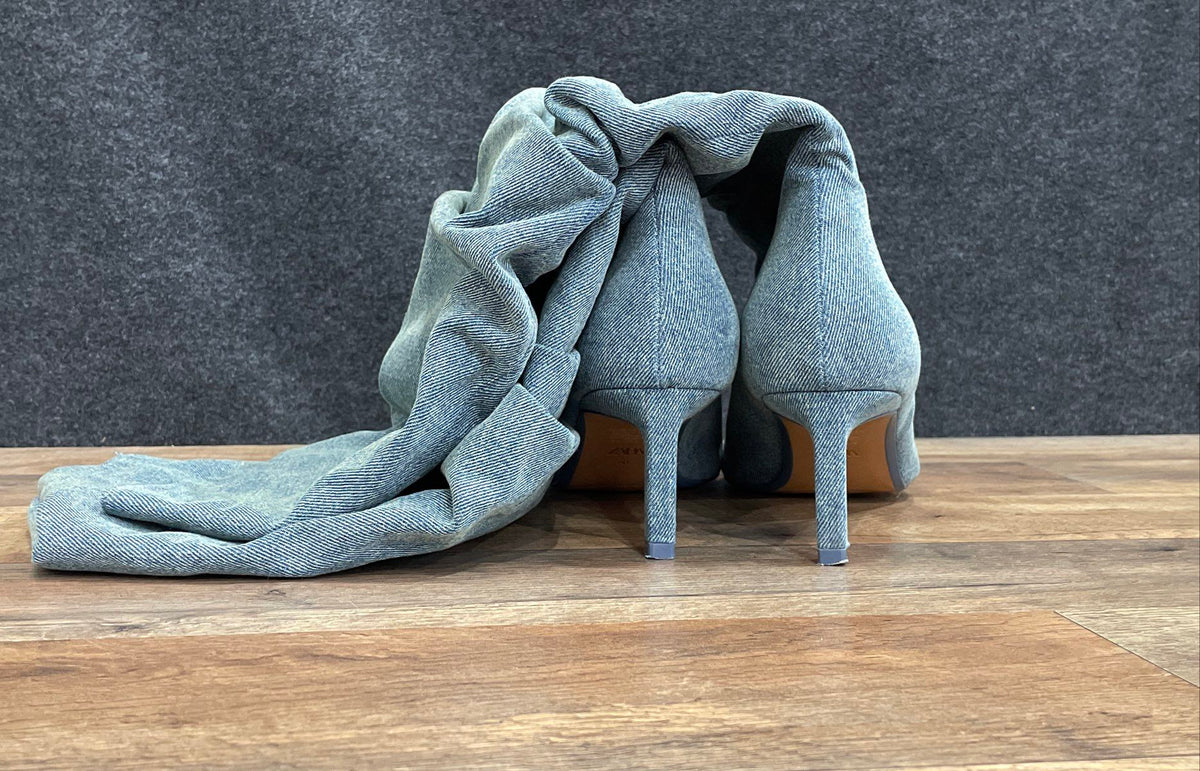 Zara Blue Denim Thigh High Pointed Toe Stiletto Boots Women's Size 41