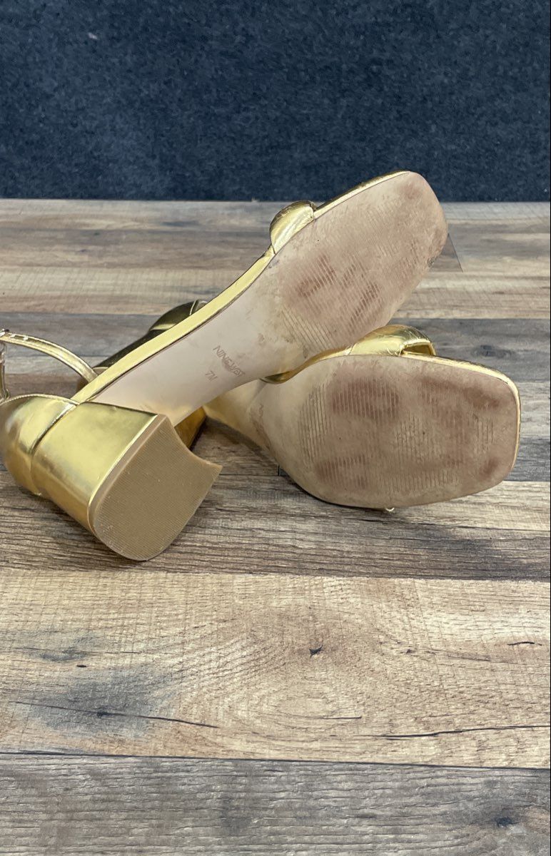 Nine West Gold Metallic Ankle Strap Block Heel Square Toe Sandals Size 7M
