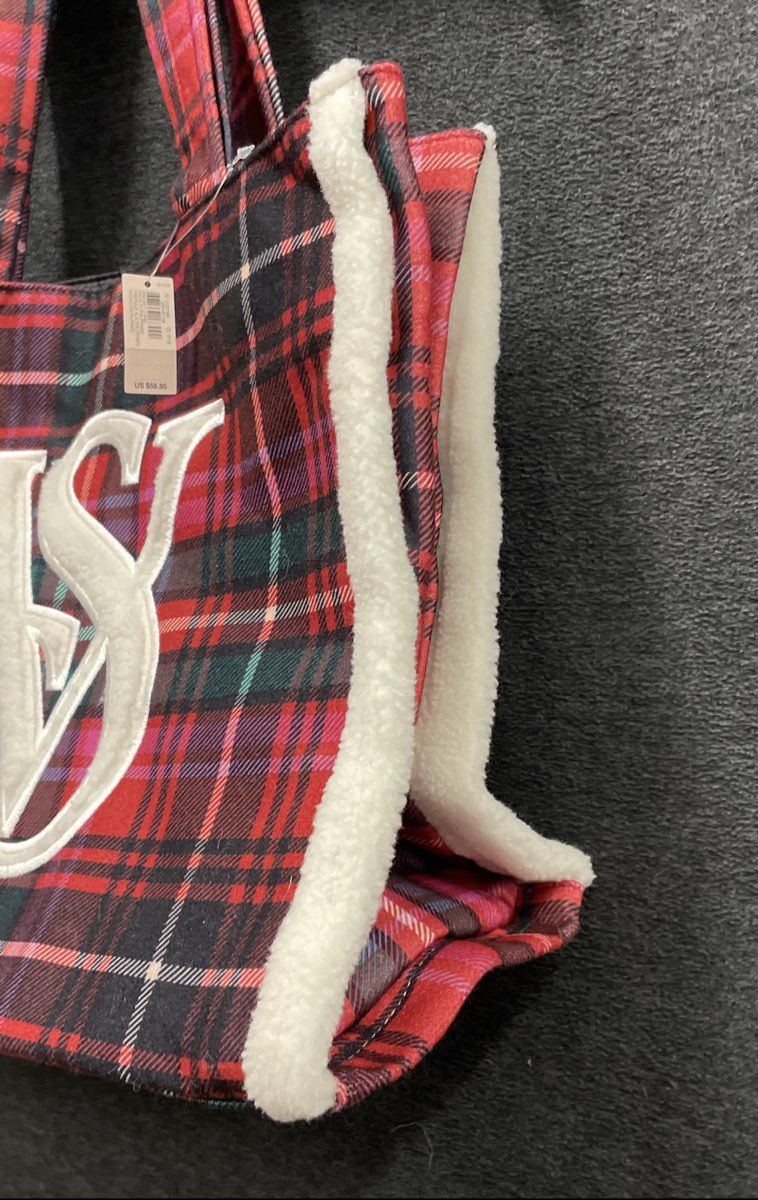 Victoria's Secret Red Plaid Sherpa Trim VS Logo Tote Bag NWT