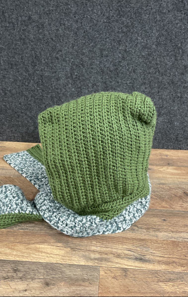 Handmade Unisex Crocheted Hooded Scarf Green Gray Colorblock Chunky Knit OS