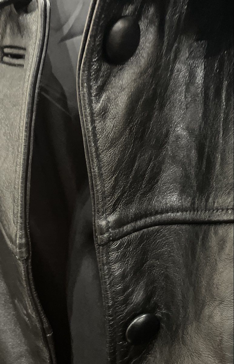 Vintage 90s Black Leather Car Coat Jacket Button Front Belted Back Mid Length
