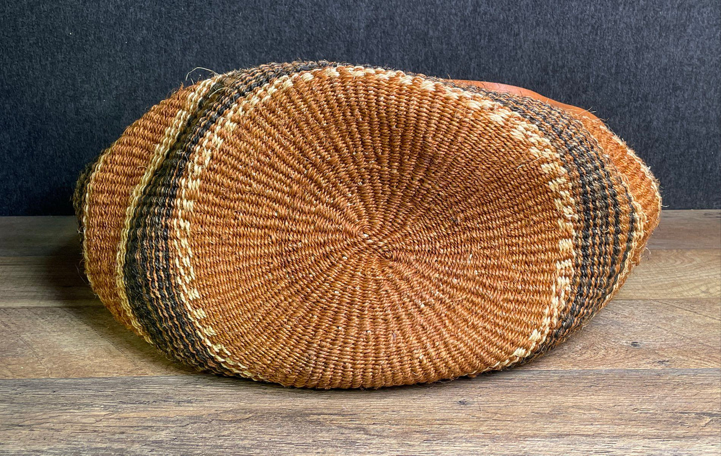 Vintage African Kenya Sisal Straw Woven Tote Bag Striped Leather Trim Large