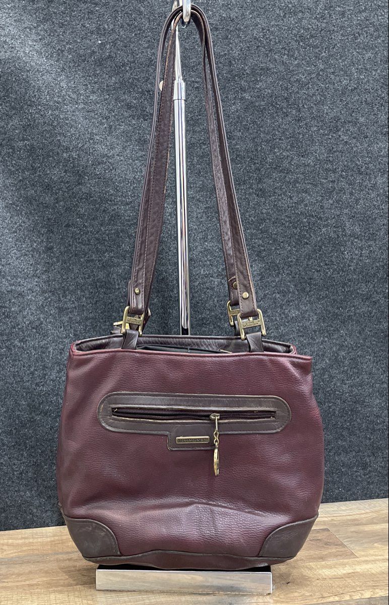 Stone Mountain Maroon Pebbled Leather Shoulder Bag Tote Vintage Brown Trim