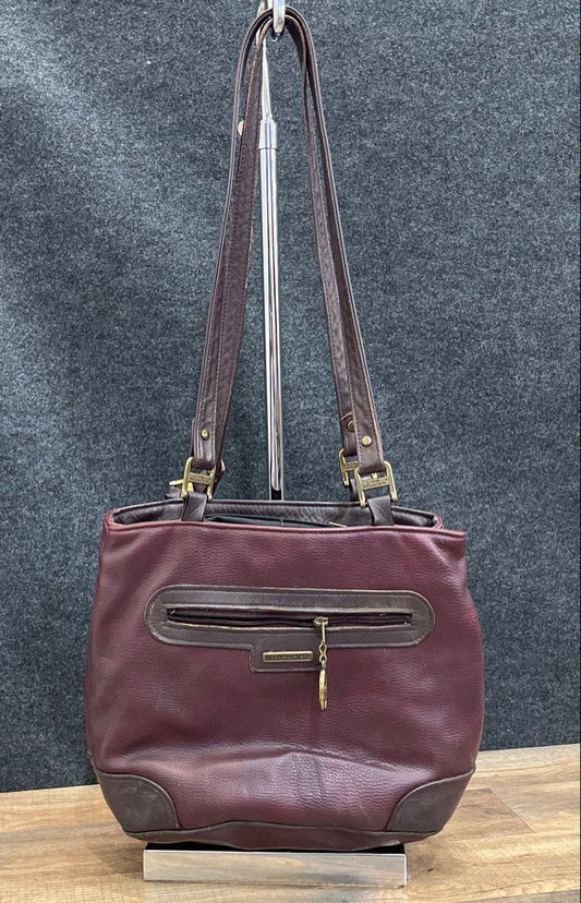 Stone Mountain Maroon Pebbled Leather Shoulder Bag Tote Vintage Brown Trim