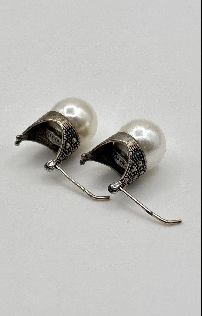 925 Sterling Silver Marcasite Accent Cap Faux Pearl Earrings 7.6g