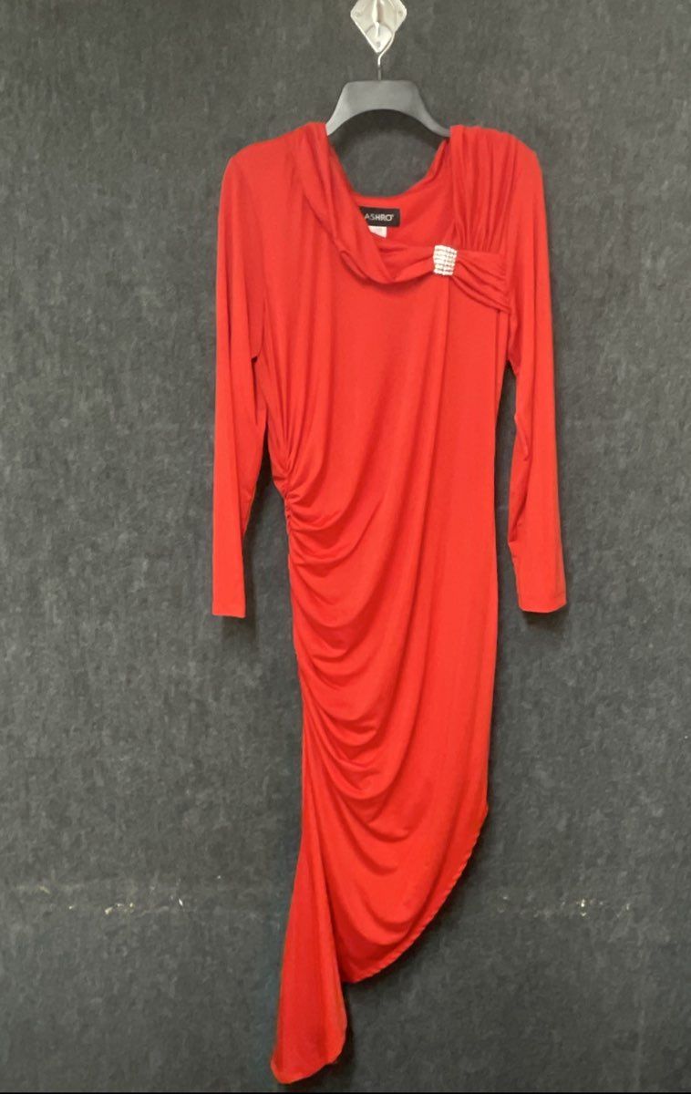 Ashro Women's Red Ruched Cowl Neck Evening Dress Long Sleeve Rhinestone Pin Sz L