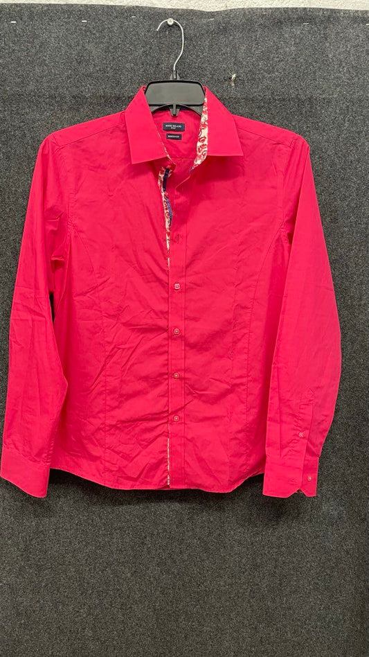 Rosso Milano Men's Hot Pink Modern Fit Button Up Shirt Floral Rose Trim Sz S 15