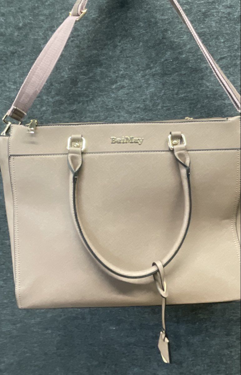 BaiMay Taupe Saffiano Textured Laptop Tech Tote Bag Gold Hardware Large