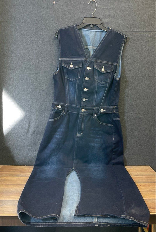 AiiRZ Women's Blue Denim Dress NWT Midi Sleeveless Button Front Slit Sz L
