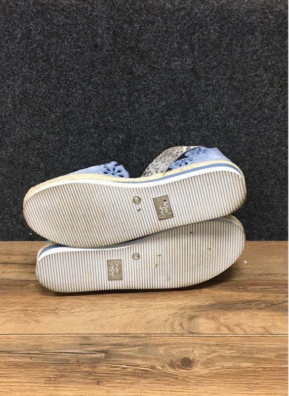 Crown Vintage Scalloped Eyelet Blue Suede Espadrille Sandals Women's Size 8.5
