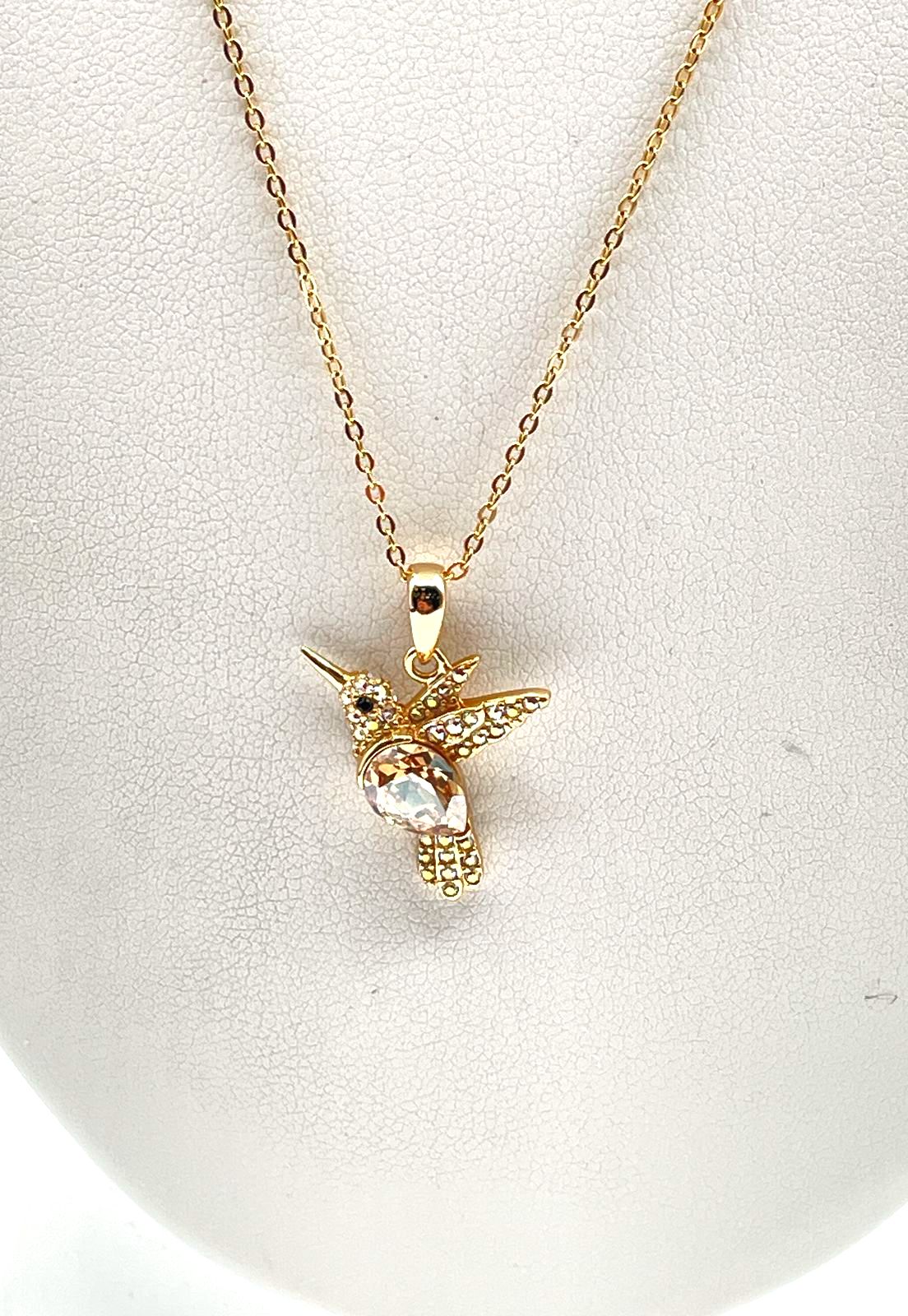 925 Sterling Silver Gold-Tone w/ CZ Accents Hummingbird Pendant Necklace 3.2g