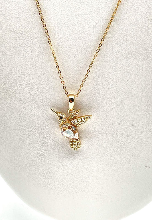 925 Sterling Silver Gold-Tone w/ CZ Accents Hummingbird Pendant Necklace 3.2g