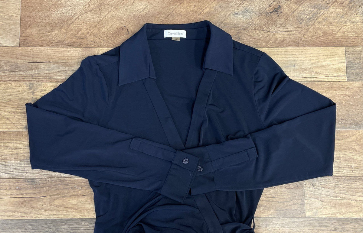 Calvin Klein Women's Navy Blue Long Sleeve Collared Wrap Dress Size 12