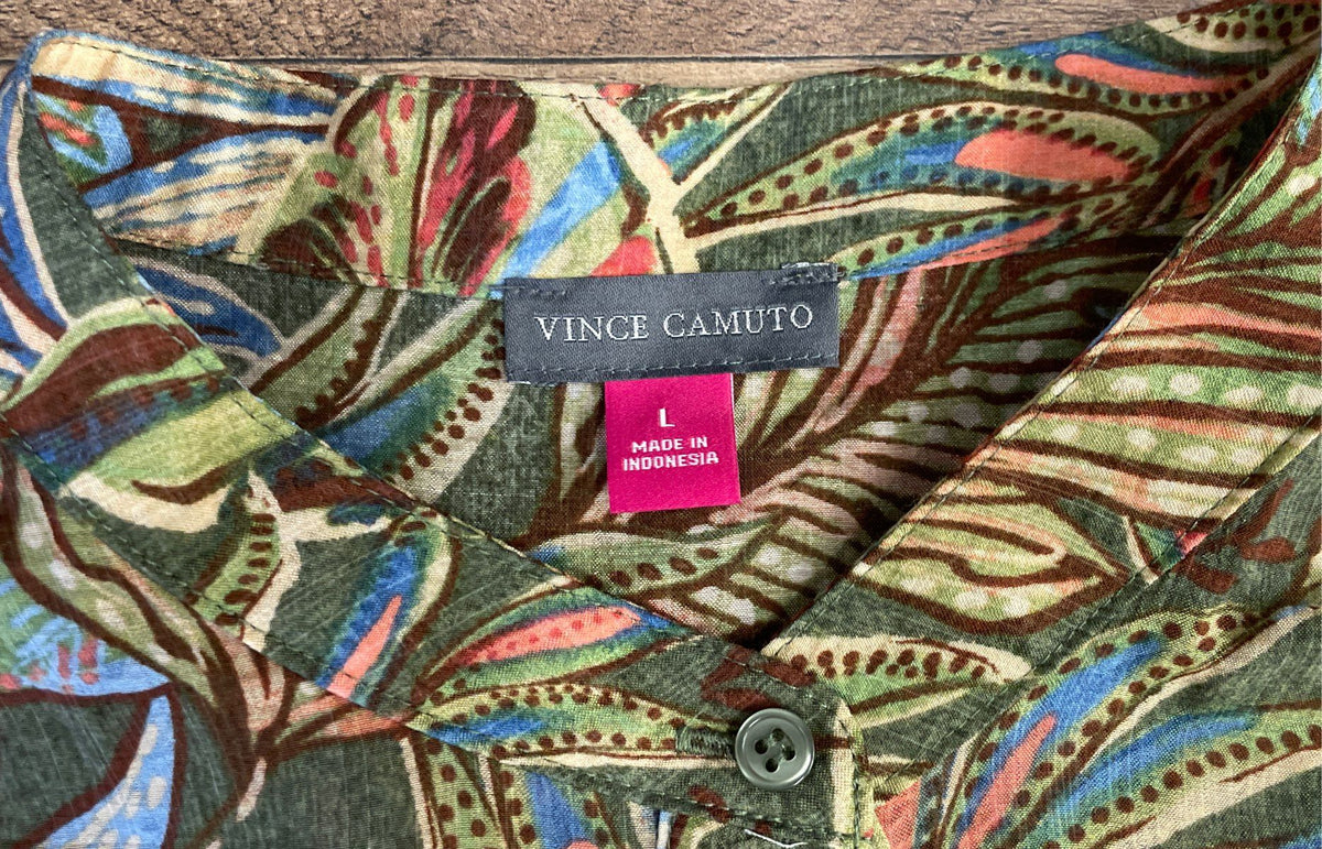 Vince Camuto Women's Blouse Green Leaf Print Lightweight Ruched Button Up Sz L