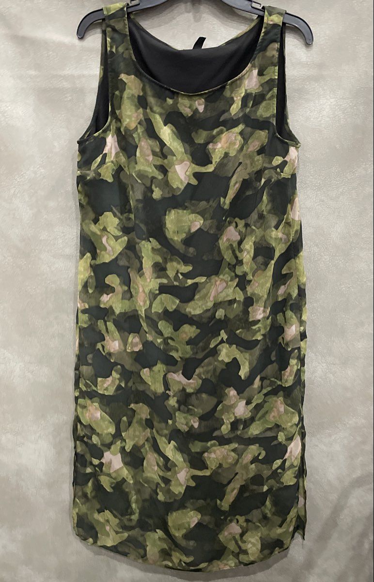 Kenneth Cole Women's Green Camouflage Sleeveless Lined Scoop Neck Dress Sz L