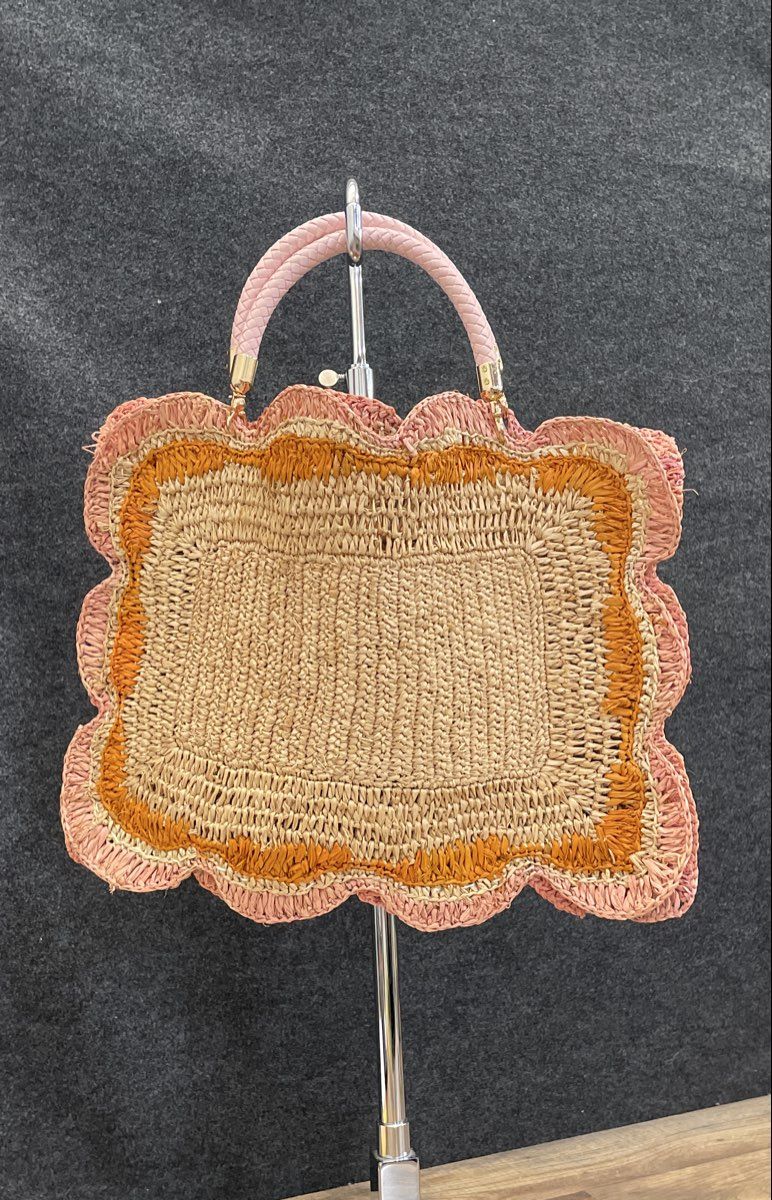 Payton James Brown Orange Pink Woven Raffia Scalloped Mat Handbag Handmade