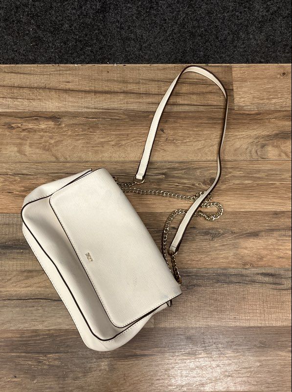 DKNY Off-White Textured Leather Flap Shoulder Bag Gold Tone Chain Strap