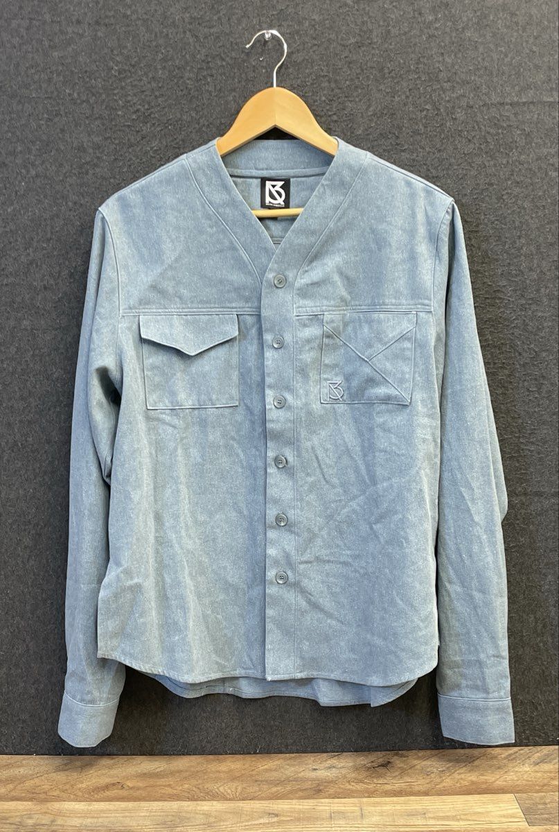 Brian Americus Men's Blue Grey Cotton Collarless Jersey Style Button Up Sz S