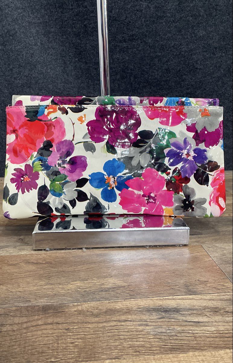 Kelly & Katie White Floral Glossy Latex Envelope Clutch Handbag Gold Trim