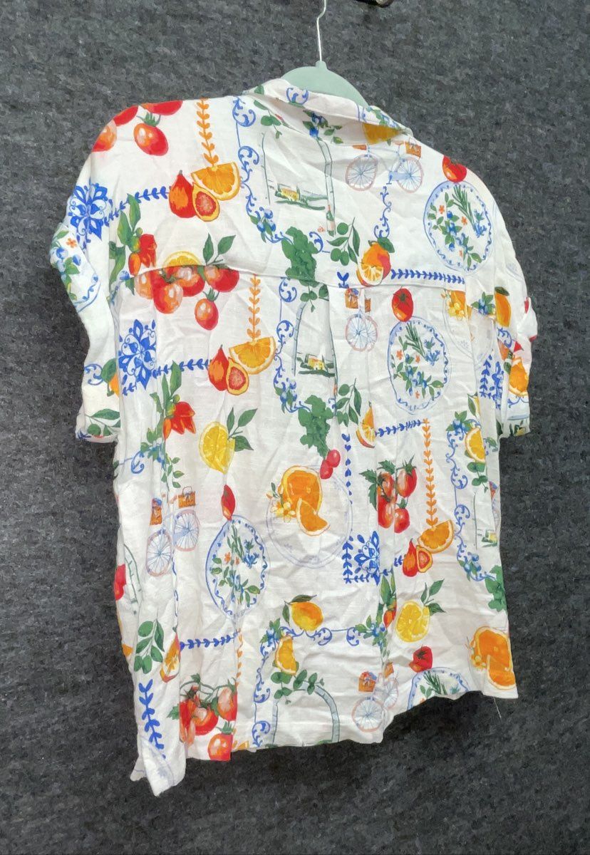 Jane + Delancey Women's Fruit Print Rayon Linen Button Down Blouse Sz L