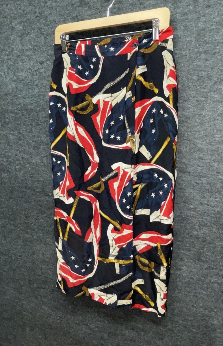 Vintage 90s Jones New York Women's Navy Silk Flag Saber Print Wrap Skirt Sz 10