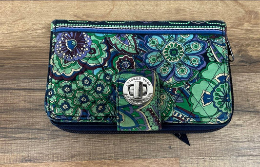 Vera Bradley Teal Blue Floral Quilted Cotton Turnlock Wallet Silver Hardware