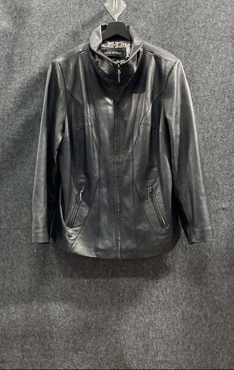 Lane Bryant Women's Black Leather Funnel Neck Paisley Jacket Sz 14/16