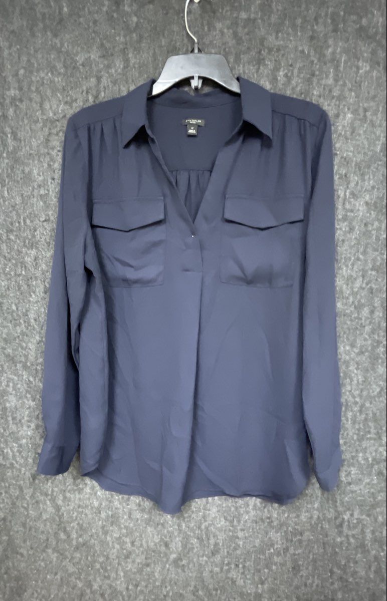 Ann Taylor Petite Women's Navy Blue Utility Popover Blouse Long Sleeve Sz LP