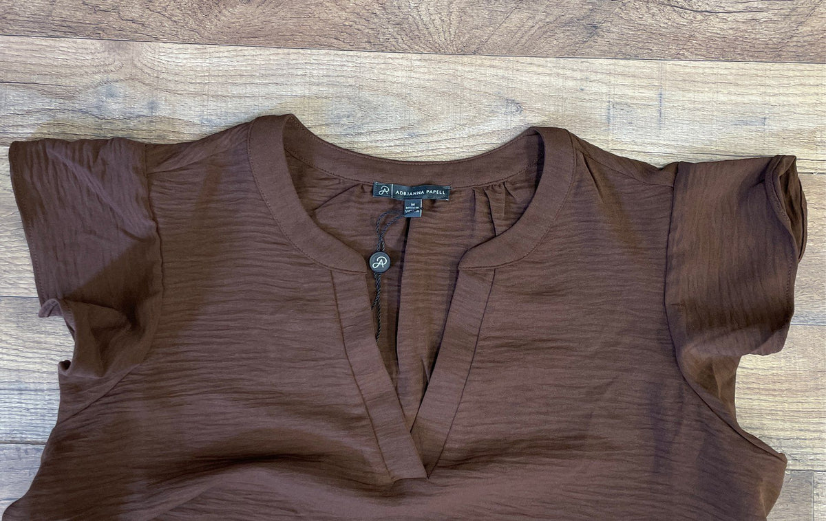Adrianna Papell Women's Brown V-Neck Woven Top Flutter Cap Sleeve Sz M NWT
