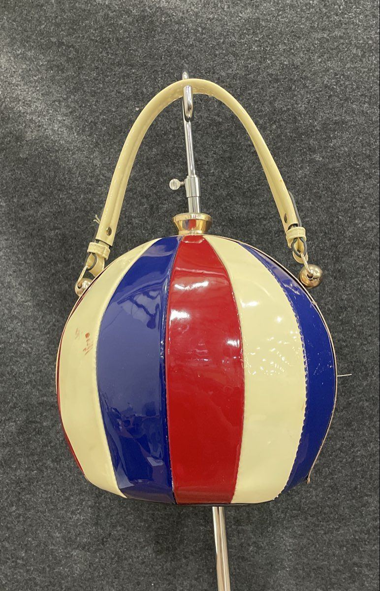 Red White Blue Striped Latex Ball Shaped Purse Sphere Bag Gold Tone Hardware