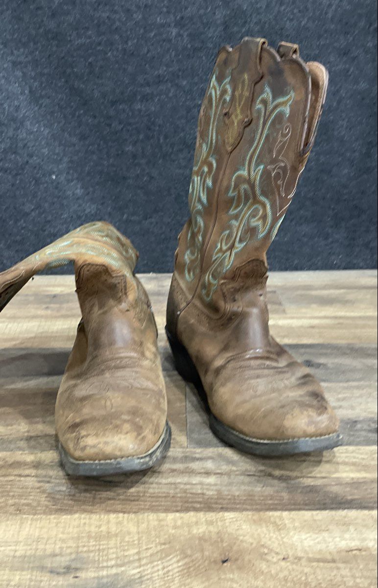 Justin Women's Brown Teal Yellow Stitch Square Toe Western Boots Size 9