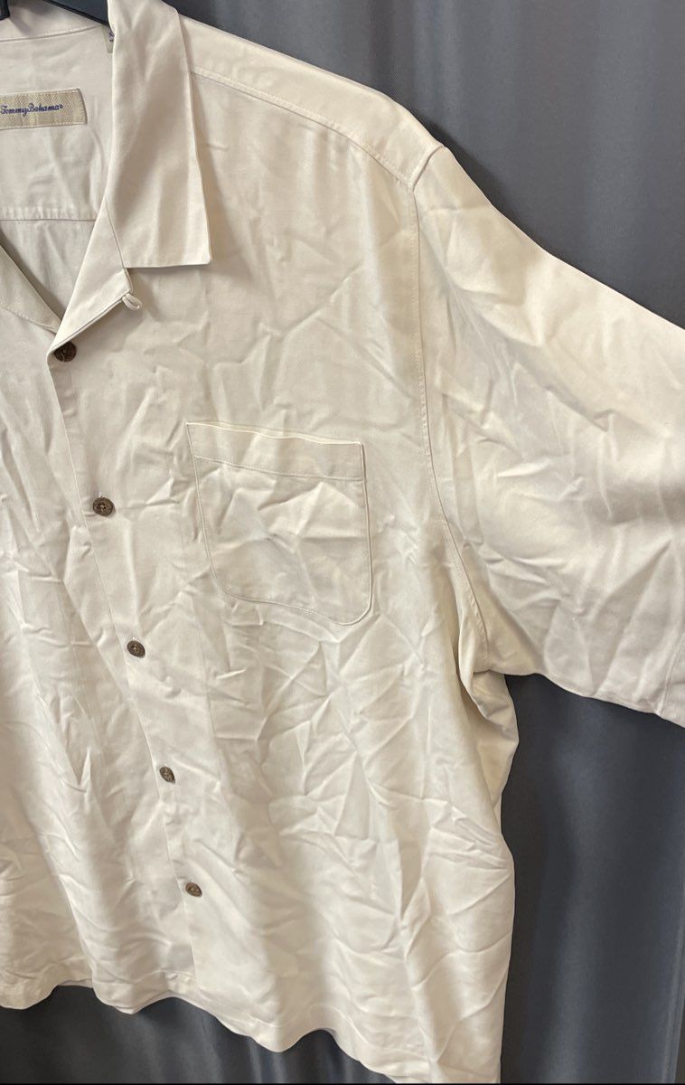 Tommy Bahama Men's Cream Short Sleeve 100% Silk Chevron Texture Camp Shirt XXL